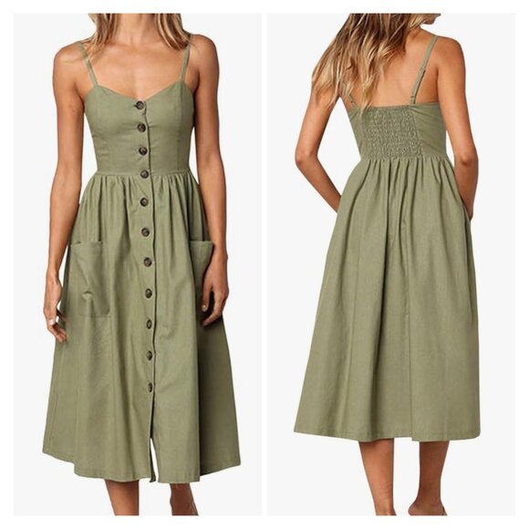 Everkaki Womens Green Boho‎ Style Midi Dress Sleeveless Button Front Size L NWT - Picture 2 of 10